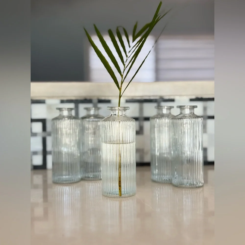 Set of 6 West Elm Modern Glass Ribbed Bud Vases - Picture 2 of 11